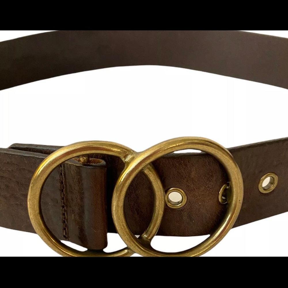 Pellemelle Women's Brown Leather Belt Heavy Double Circle Brass Buckle M